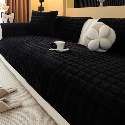 MDSASFD Velvet Couch Cover, Plush Sectional Sofa Cover Washable, Anti Slip Sofa Slipcover for 4 Cushions Sofas, Furniture Protector Covers for Pets & Kids(1PC, Black, 35.4"×94.5", 4-Seater) - Image 1