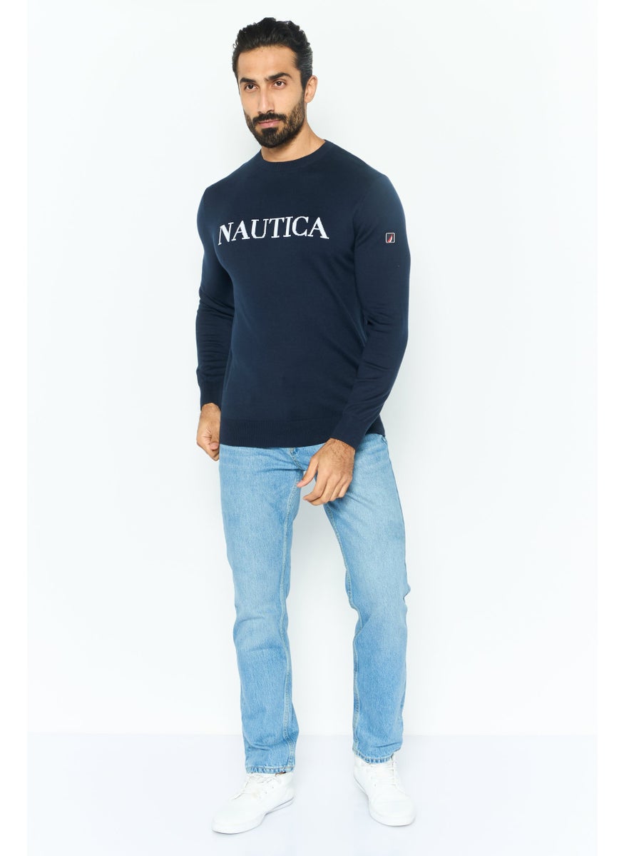 NAUTICA Men Crew Neck Graphic Print Long Sleeves Sweater, Navy  - Image 2