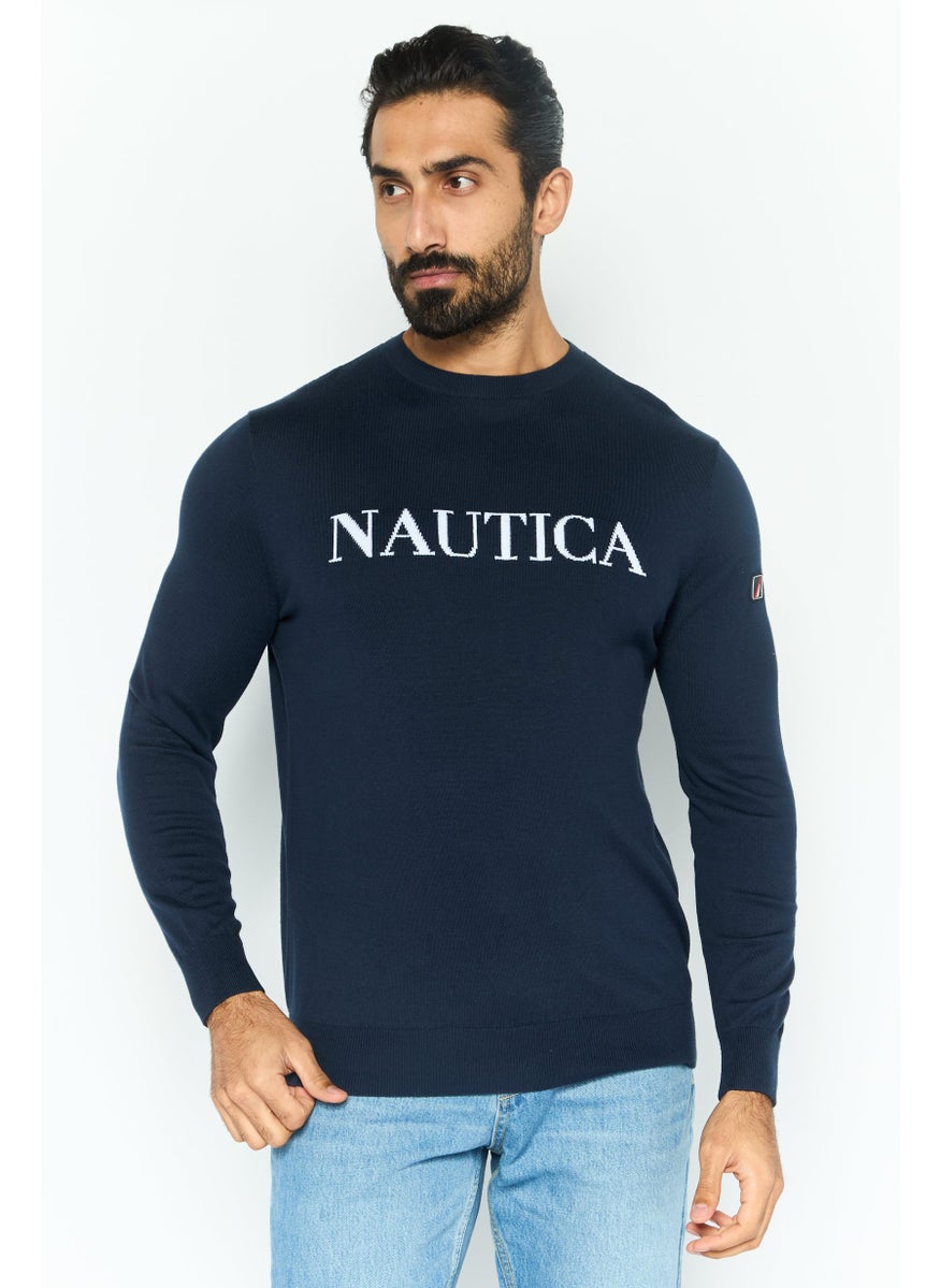 NAUTICA Men Crew Neck Graphic Print Long Sleeves Sweater, Navy  - Image 1