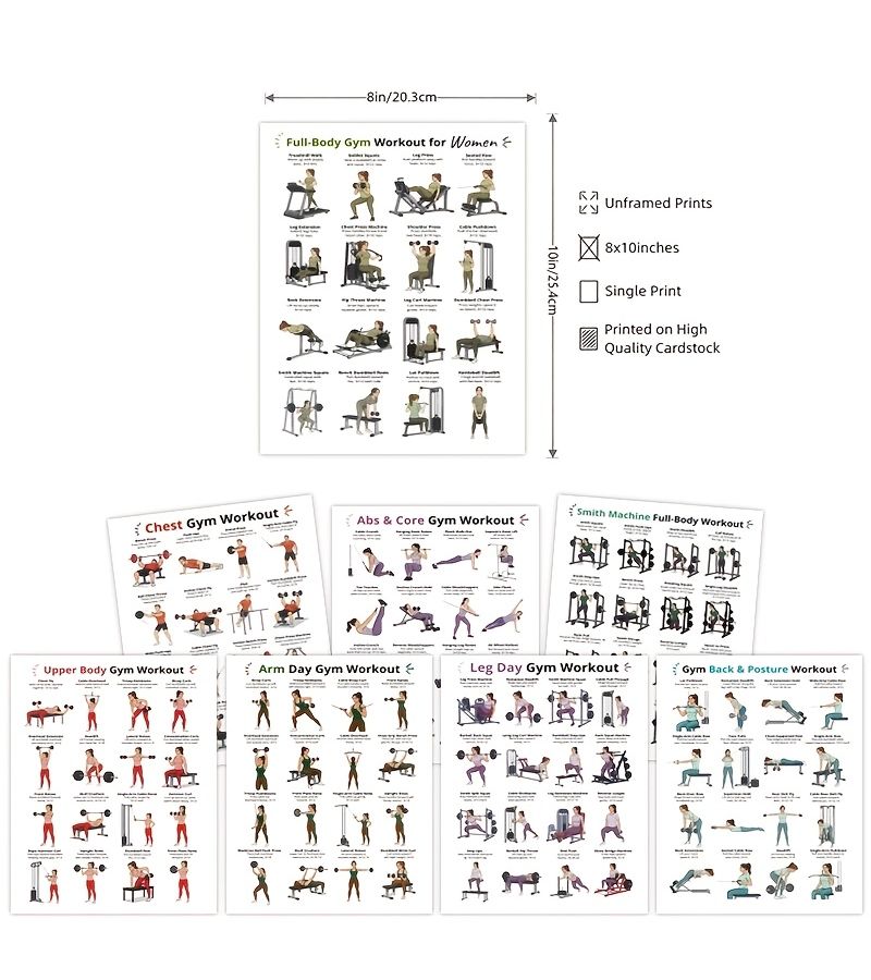 8 Piece Gym Fitness Wall Charts 8x10 Inches Unframed Paper Instructions - Image 3