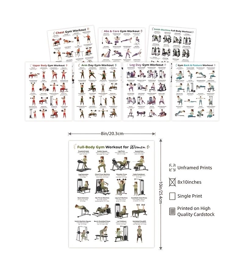 8 Piece Gym Fitness Wall Charts 8x10 Inches Unframed Paper Instructions - Image 2