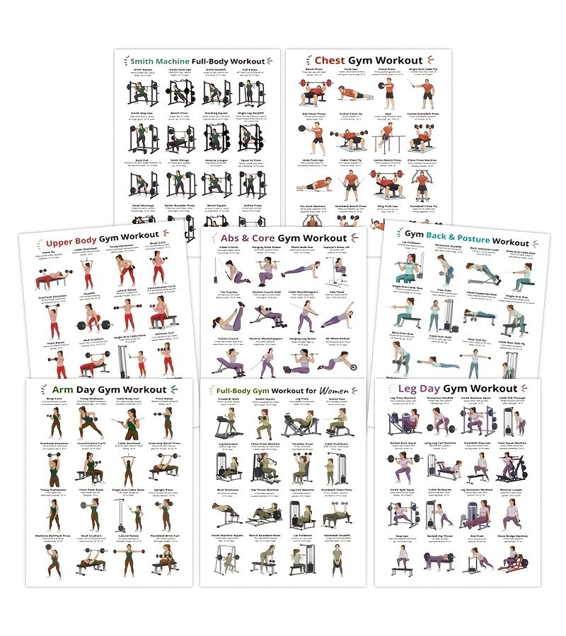 8 Piece Gym Fitness Wall Charts 8x10 Inches Unframed Paper Instructions - Image 1