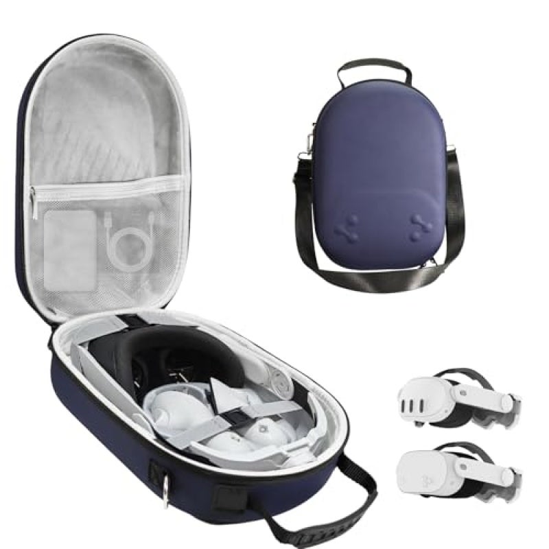 Hard Carrying Case: Dark Blue Eva Foam Padding, Custom-Cut Compartments - Detachable Shoulder Strap, Vr Headset Case for Meta Quest 3 Travel, Home Storage - Image 1