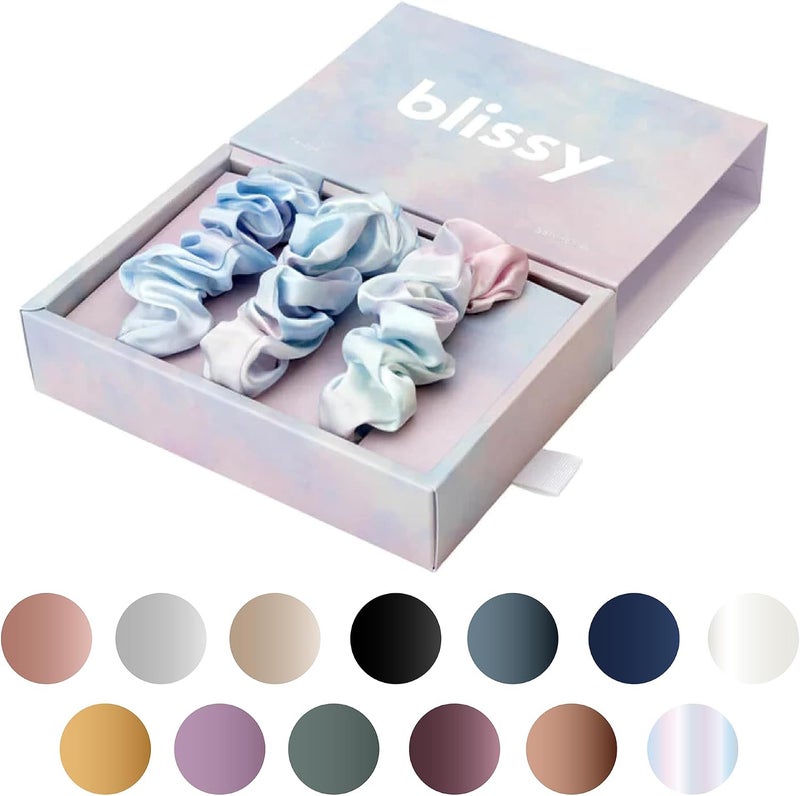BLISSY Silk Scrunchies (3 Pack) - 100% Pure Mulberry Silk - 22 Momme 6A High-Grade Fibers - Silk Scrunchie for Straight & Curly Hair - Preventing Breakage, Tangling, & Creasing (Tie Dye Skinny) - Image 1