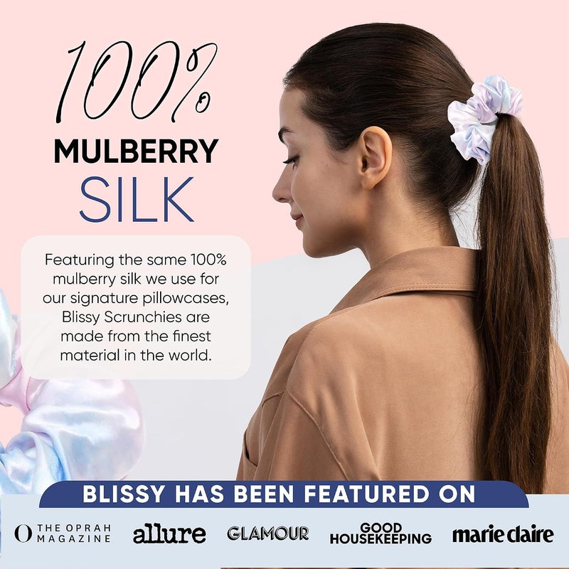 BLISSY Silk Scrunchies (3 Pack) - 100% Pure Mulberry Silk - 22 Momme 6A High-Grade Fibers - Silk Scrunchie for Straight & Curly Hair - Preventing Breakage, Tangling, & Creasing (Tie Dye Skinny) - Image 5
