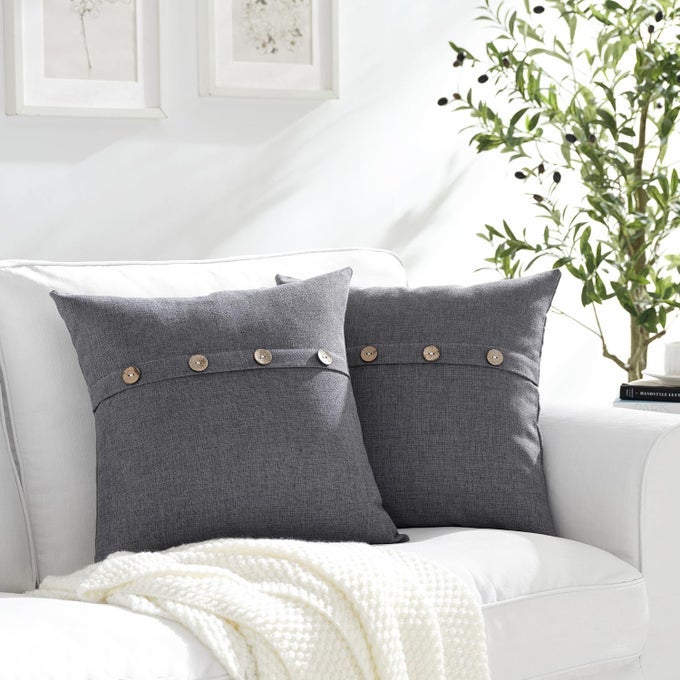 SET OF 2 DARK GRAY SQUARE PILLOW COVERS 16 X 16 FARMHOUSE LINEN PILLOW COVERS WITH COCONUT BUTTONS FOR SOFA COUCH LIVING ROOM BEDROOM FARMHOUSE DCOR FOR THE HOME HOUSEWARMING GIFTS