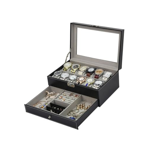 Divinext Wrist Watch Box Organizer 12 - Slot With Jewelry Drawer Case | 30 X 20 X 8 Cm | Black(Leather) - Image 4