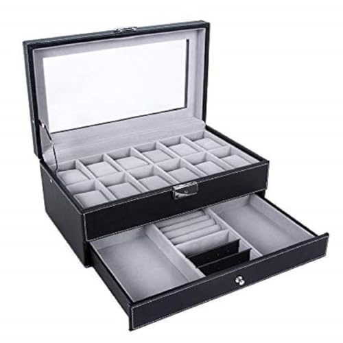 Divinext Wrist Watch Box Organizer 12 - Slot With Jewelry Drawer Case | 30 X 20 X 8 Cm | Black(Leather) - Image 1