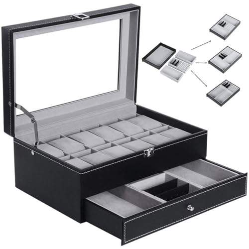 Divinext Wrist Watch Box Organizer 12 - Slot With Jewelry Drawer Case | 30 X 20 X 8 Cm | Black(Leather) - Image 5