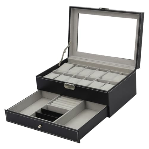 Divinext Wrist Watch Box Organizer 12 - Slot With Jewelry Drawer Case | 30 X 20 X 8 Cm | Black(Leather) - Image 3