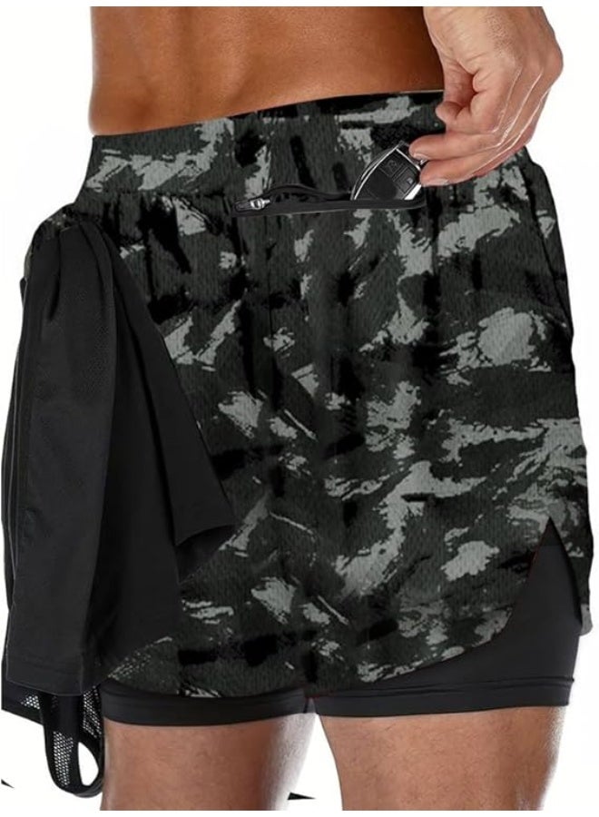 VITION Gym Shorts for Men, Men's Activewear Running Shorts,Drawstring Gym Shorts Men, 2 Layer Loose Athletic Shorts with 4 Pockets (Large, Graffiti Gray Camouflage) - Image 3