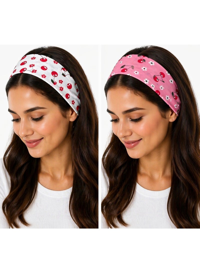 Set of 2 Soft Fabric Cherry Print Headbands – Comfortable, Stretchy & Non-Slip - Image 1