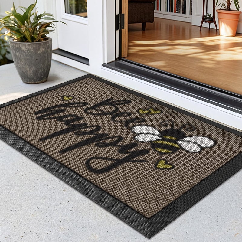 LUMI Outside Welcome Door Mat 24x36, Non Slip Durable Rubber Entrance Doormat, Low Profile Easy Clean Mats for Front Back Door Entryway Porch Garage, Bee Happy - Image 1