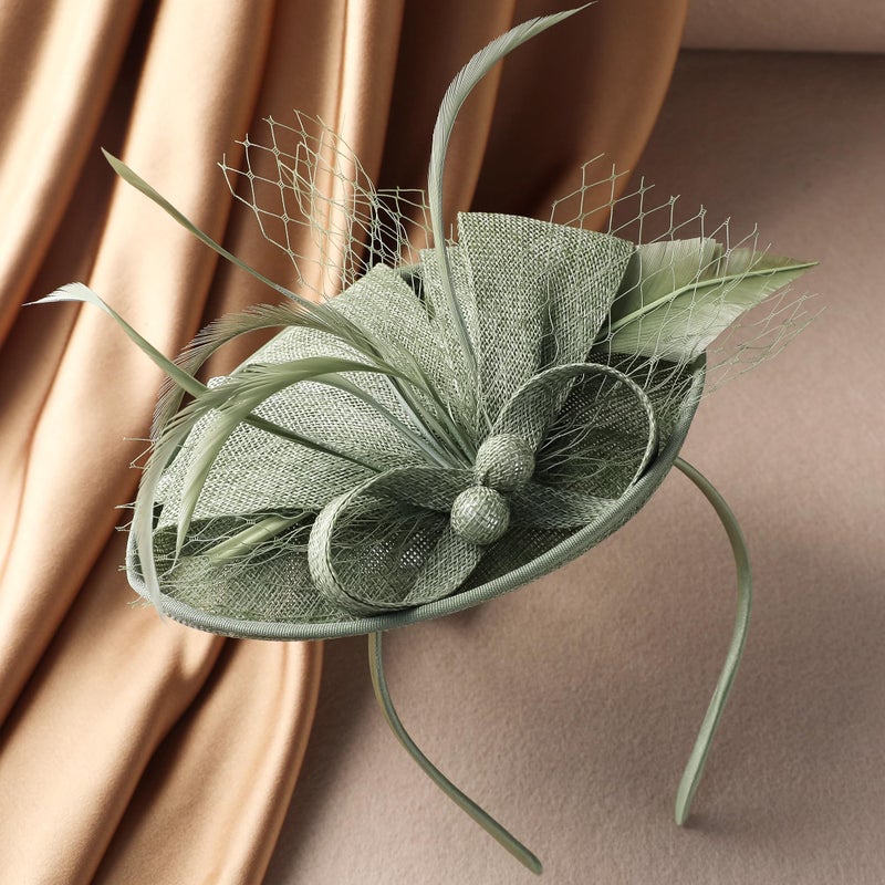 Zinniday Green Tea Party Hat - 1920s 50s Kentucky Hats Girl Victoria Feather Derby Fascinators with Veil Church Halloween Renaissance Masquerade Dress Up for Women, 7.87x5.9inch - Image 5