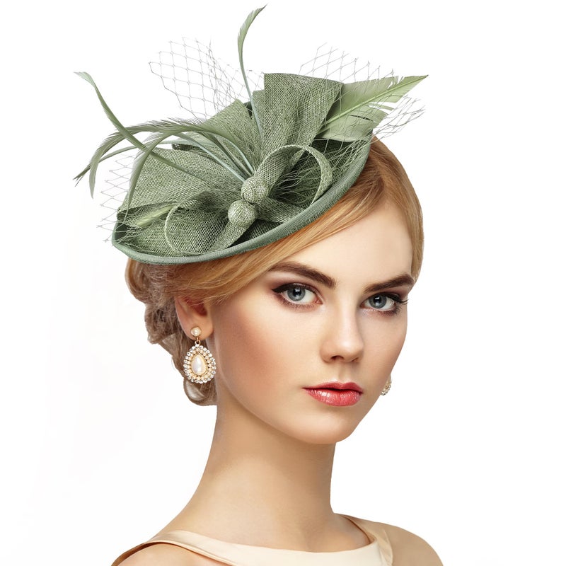 Zinniday Green Tea Party Hat - 1920s 50s Kentucky Hats Girl Victoria Feather Derby Fascinators with Veil Church Halloween Renaissance Masquerade Dress Up for Women, 7.87x5.9inch - Image 1