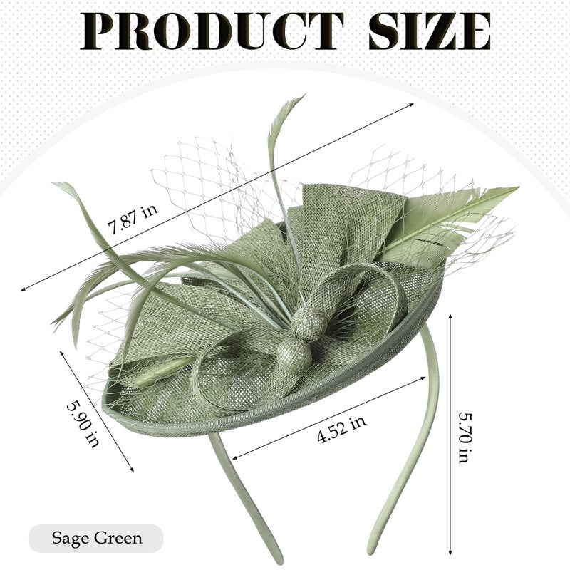 Zinniday Green Tea Party Hat - 1920s 50s Kentucky Hats Girl Victoria Feather Derby Fascinators with Veil Church Halloween Renaissance Masquerade Dress Up for Women, 7.87x5.9inch - Image 2
