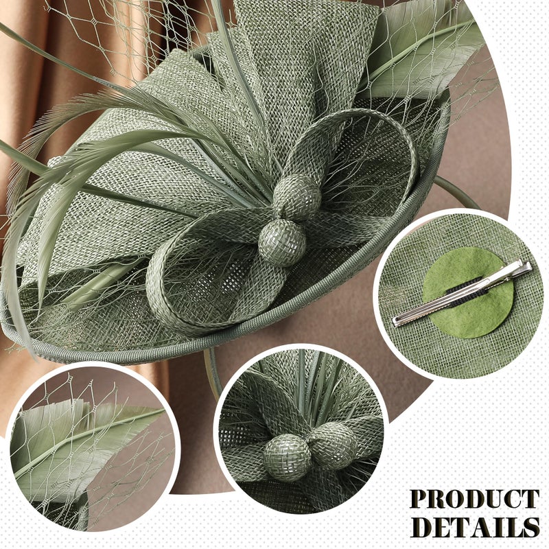 Zinniday Green Tea Party Hat - 1920s 50s Kentucky Hats Girl Victoria Feather Derby Fascinators with Veil Church Halloween Renaissance Masquerade Dress Up for Women, 7.87x5.9inch - Image 3