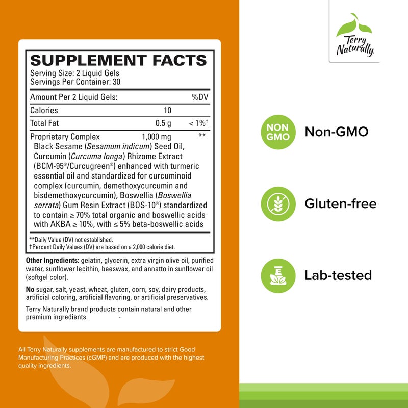 Terry Naturally CuraMed Acute Pain Relief - Supplement with BCM-95 Curcumin & BOS-10 Boswellia - Black Sesame Seed Oil to Support Relief of Occasional Discomfort - 60 Liquid Gels - Image 2