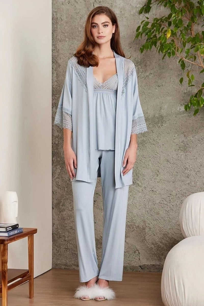 pierre cardin 2820 Women's Combed Cotton Lace Pajama Set with Dressing Gown - Mist  - Image 3