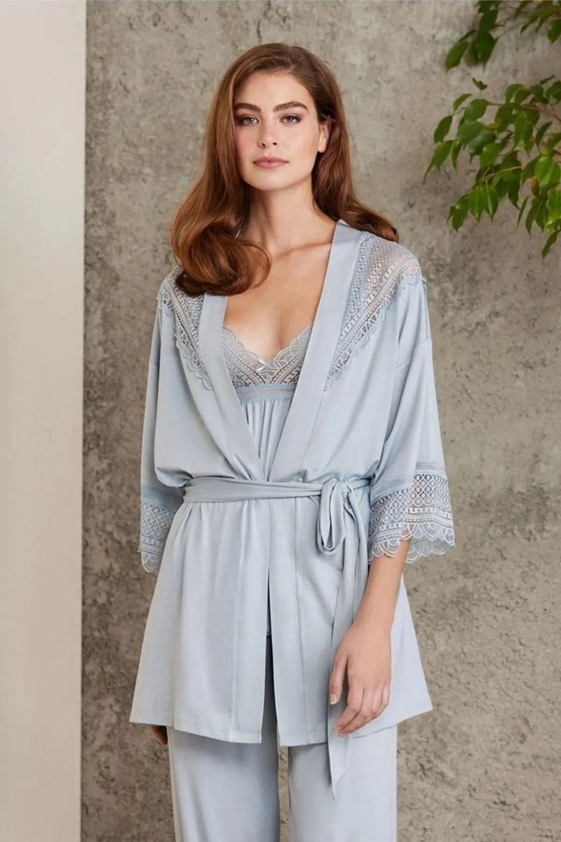 pierre cardin 2820 Women's Combed Cotton Lace Pajama Set with Dressing Gown - Mist  - Image 2