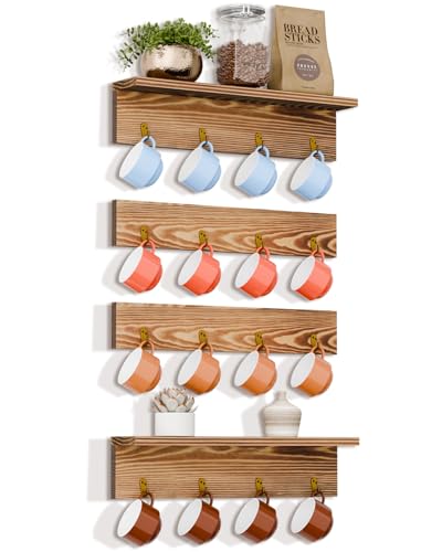 TRSPCWR Coffee Mug Rack Wall Mounted Coffee Mug Holder with 16 Hooks and Display Shelf 4 Tier Rustic Wood Bar Cup Organizer for Home Kitchen Display and Collection - Image 1