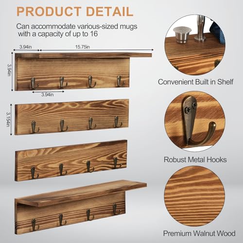 TRSPCWR Coffee Mug Rack Wall Mounted Coffee Mug Holder with 16 Hooks and Display Shelf 4 Tier Rustic Wood Bar Cup Organizer for Home Kitchen Display and Collection - Image 3