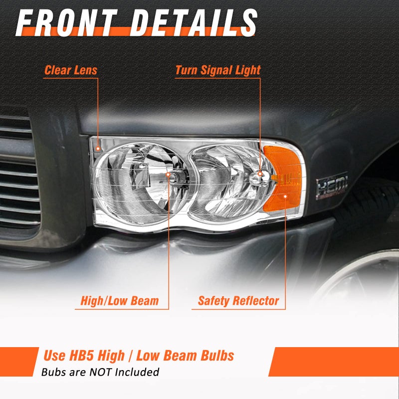 AXLAHA Headlight Assembly for 2002 2003 2004 2005 Dodge Ram 1500/2003-2005 Ram 2500 3500 Chrome Housing Clear Reflector Replacemen Left & Right - Image 4
