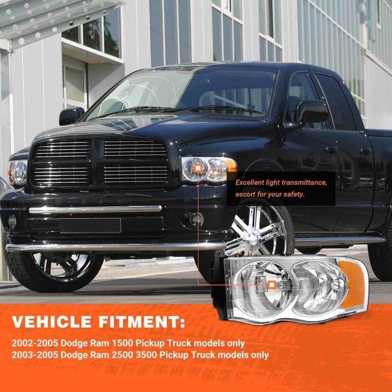 AXLAHA Headlight Assembly for 2002 2003 2004 2005 Dodge Ram 1500/2003-2005 Ram 2500 3500 Chrome Housing Clear Reflector Replacemen Left & Right - Image 2