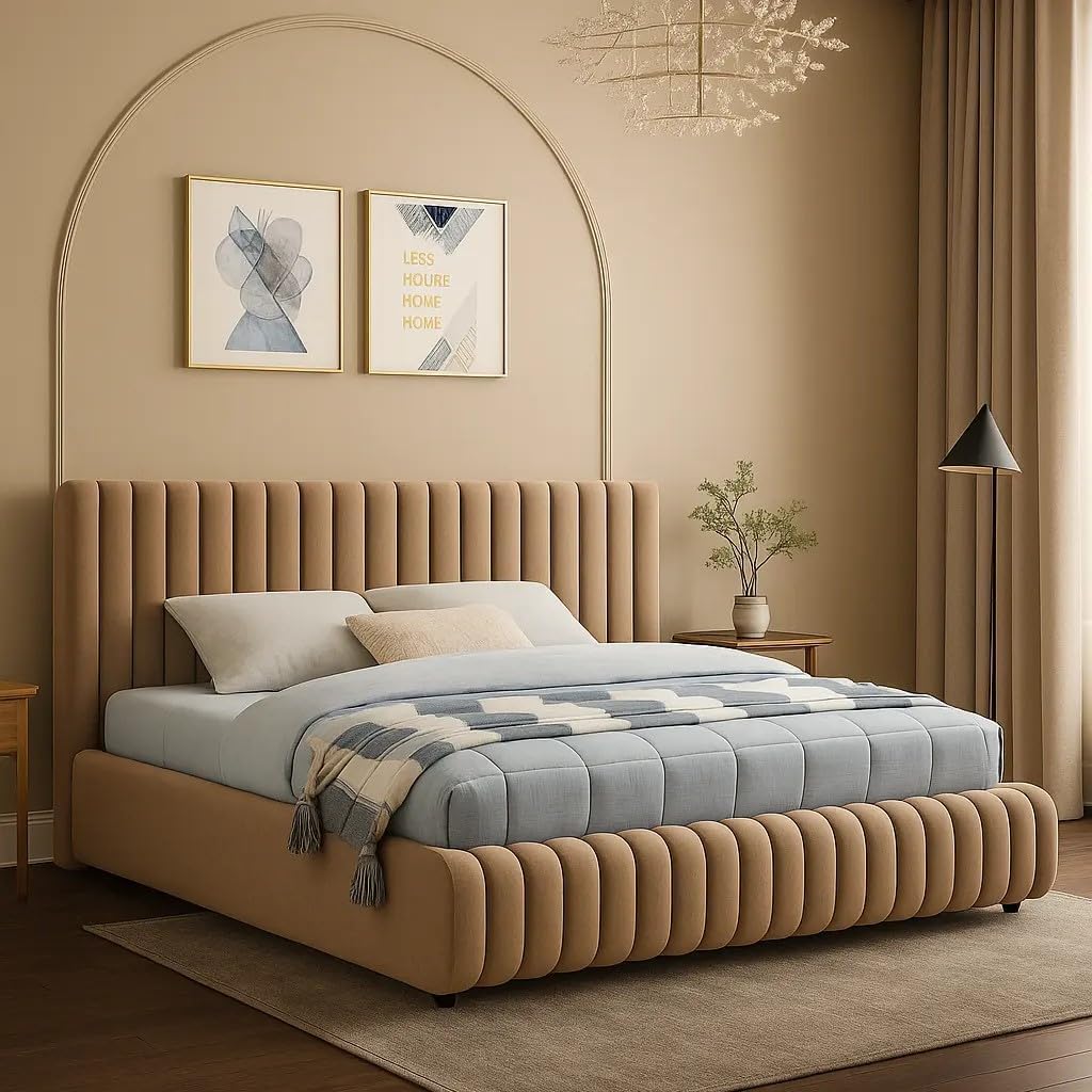 Poppins HOME Luxury Italian Velvet Upholstered Bed Frame with Vertical Channel Headboard - Modern Designer Bed (Orange, 200x200cm)