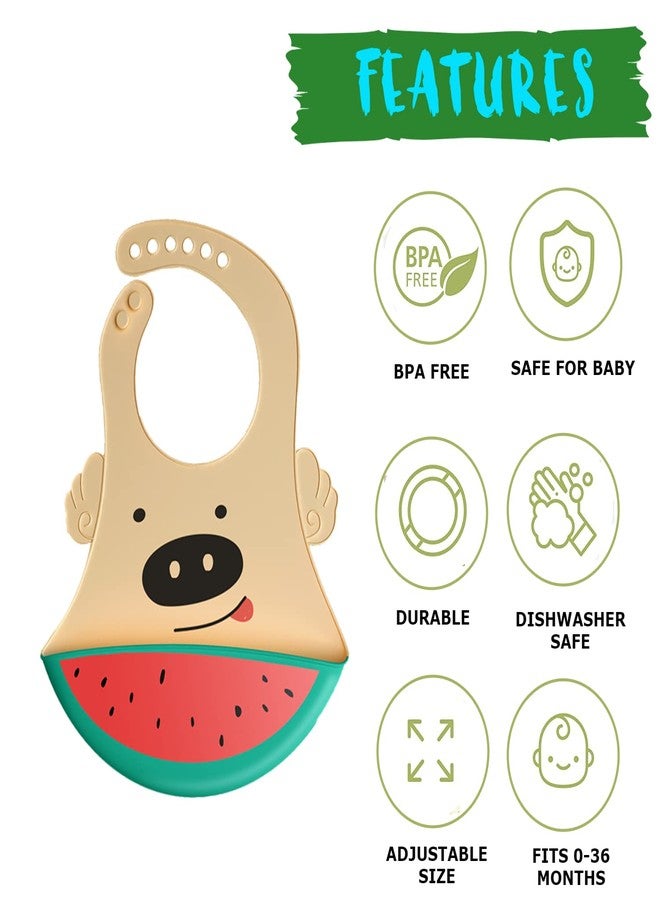GUCHIGU Waterproof Silicone Baby Bib for Feeding Babies and Toddlers, Unisex Set of 2 Silicon Baby Feeding Bibs for Infants and Toddlers 4M to 4Yr Cute Printing with Rice Pocket (Green, Set of 1) - Image 2