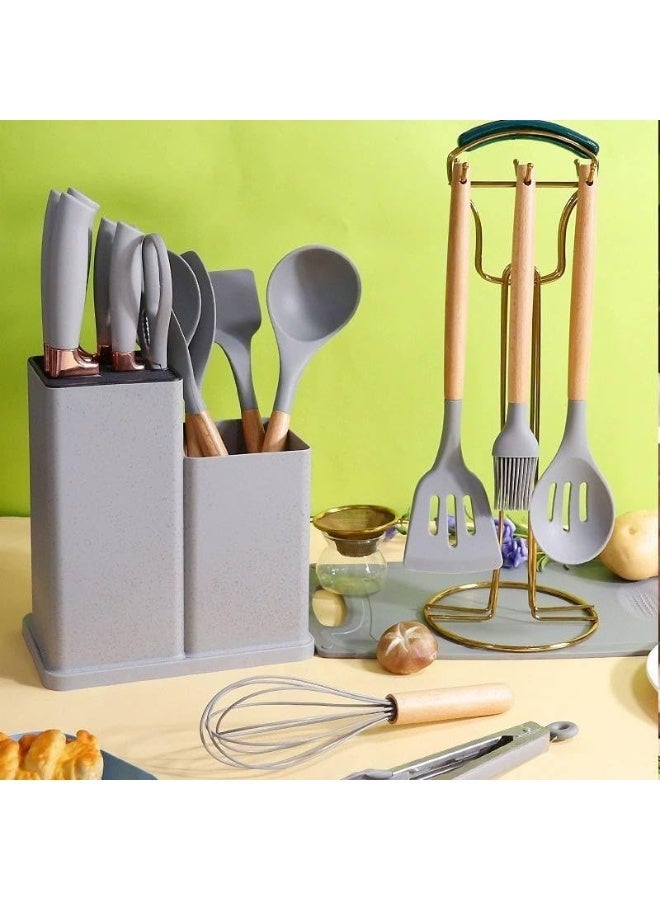 Complete Kitchen Knife Set - 19 Pieces with Stylish Holder | Silicone Cooking Utensils and Sharp Knives - Image 4