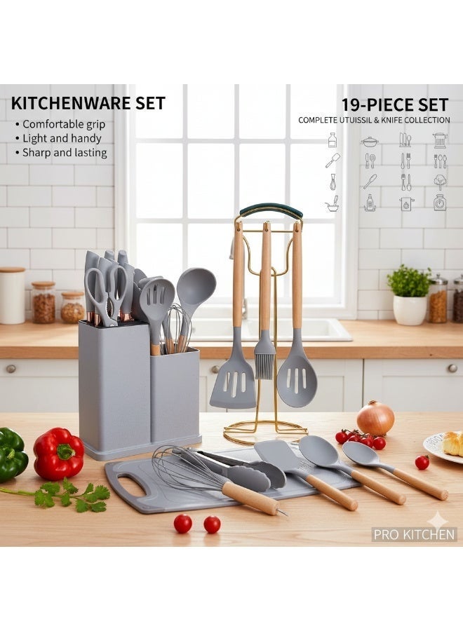 Complete Kitchen Knife Set - 19 Pieces with Stylish Holder | Silicone Cooking Utensils and Sharp Knives - Image 2
