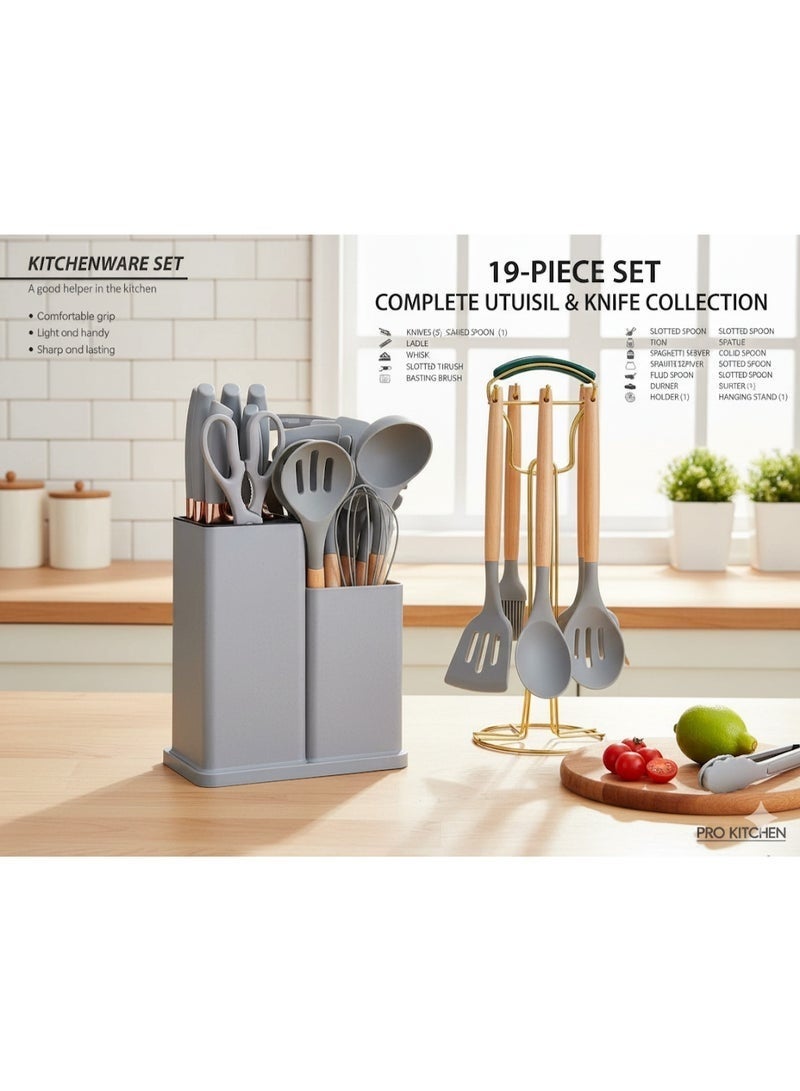Complete Kitchen Knife Set - 19 Pieces with Stylish Holder | Silicone Cooking Utensils and Sharp Knives - Image 3