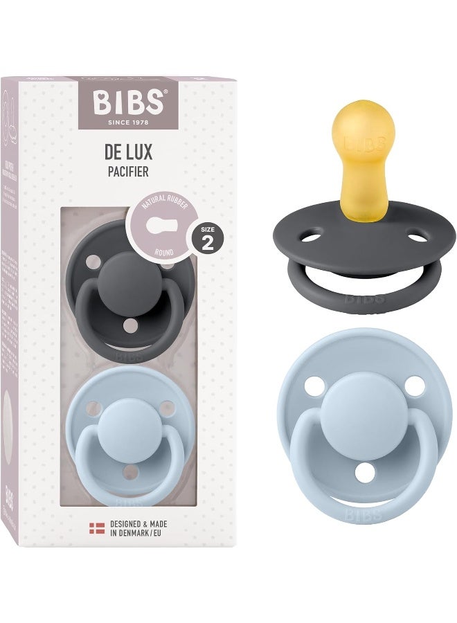 BIBS لهايات BIBS - مجموعة De Lux | لهاية خالية من BPA للأطفال | مصنوعة في الدنمارك | مجموعة من 2 لهاية بلون الحديد/الأزرق الفاتح | الحجم 6-18 شهر - Image 1