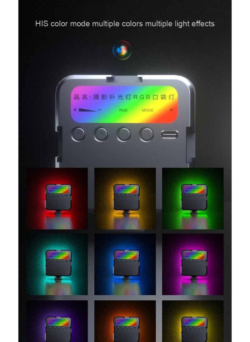 إضاءة فيديو LED RGB - 3 ألوان + أوضاع RGB - قابلة لإعادة الشحن، 5 وات، مؤشر تجسيد اللون 96⁺، 2500 كلفن - 7000 كلفن، بطارية 1200 مللي أمبير في الساعة - إضاءة جيب صغيرة متعددة الزوايا للتدوين بالفيديو، ومكالمات الفيديو، والتصوير الفوتوغرافي، والمكياج - تأثيرات إضاءة HIS كاملة الألوان - Image 3
