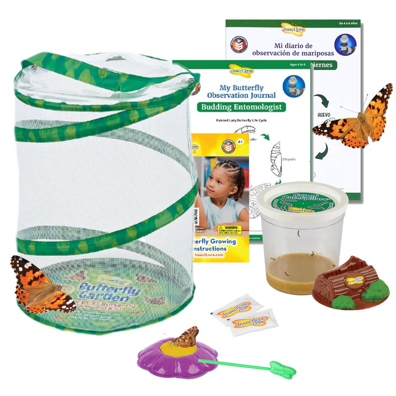 Insect Lore Butterfly Garden with Live Cup of Caterpillars | English and Spanish STEM Activity Journals | 5 Painted Lady Butterfly Baby Caterpillars and Mesh Habitat - Image 1