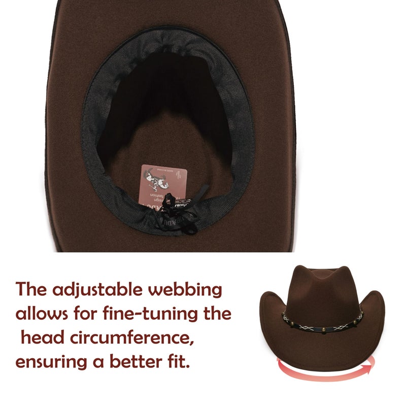 YOUBADU Faux Suede Felt Western Cowboy Hat for Women or Men, Wide Brim, Rivet Strap (US, Alpha, One Size, Medium, Brown) - Image 4