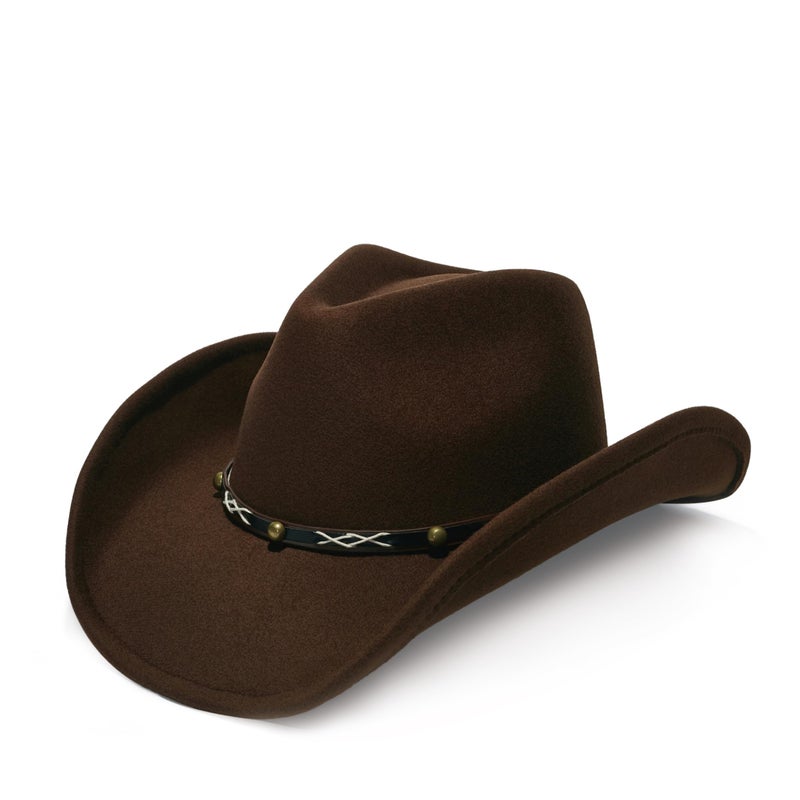 YOUBADU Faux Suede Felt Western Cowboy Hat for Women or Men, Wide Brim, Rivet Strap (US, Alpha, One Size, Medium, Brown) - Image 1