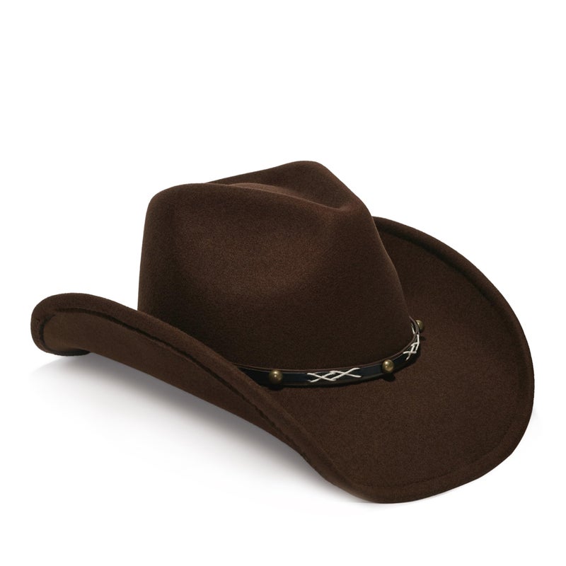YOUBADU Faux Suede Felt Western Cowboy Hat for Women or Men, Wide Brim, Rivet Strap (US, Alpha, One Size, Medium, Brown) - Image 2