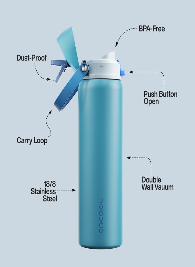 ENCOOL Insulated Water Bottle with Straw - Encool Stainless Steel Water Bottle with Push Button Lid, Leak-Proof & BPA-Free, Keeps Cold for 24 Hours for Sports, Travel, Gym (32 oz, Silk Blue) - Image 4