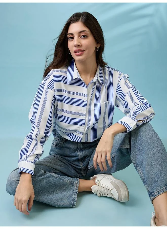 globus Globus Women Collared Neck Cuffed Sleeves Striped Pattern Shirt Style Workwear Top