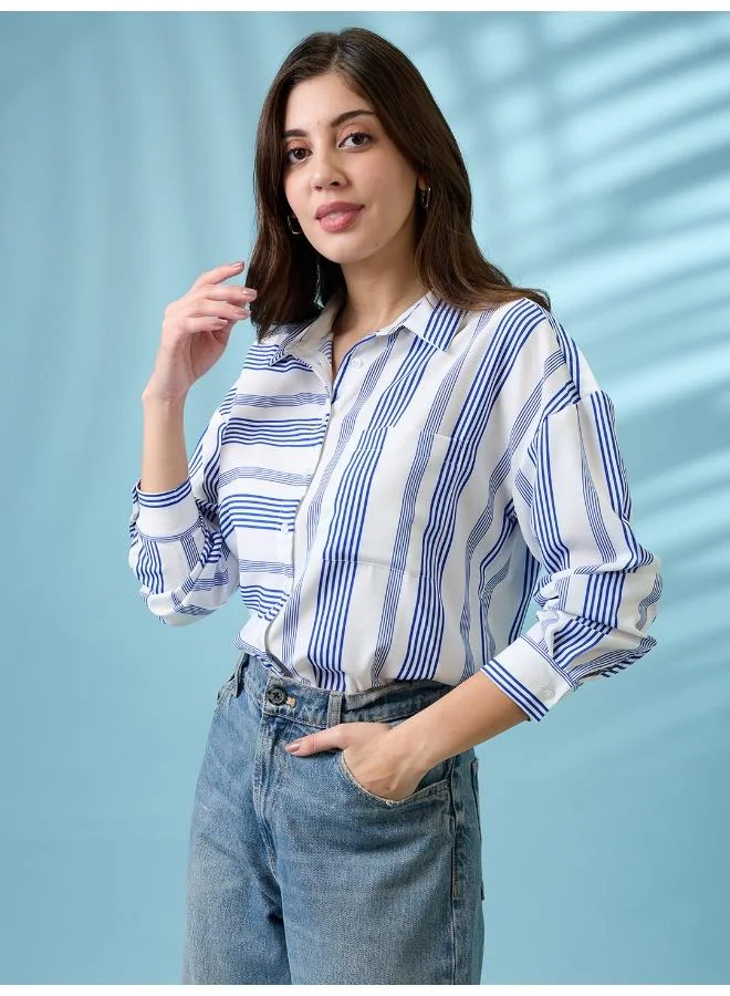 globus Globus Women Collared Neck Cuffed Sleeves Striped Pattern Shirt Style Workwear Top