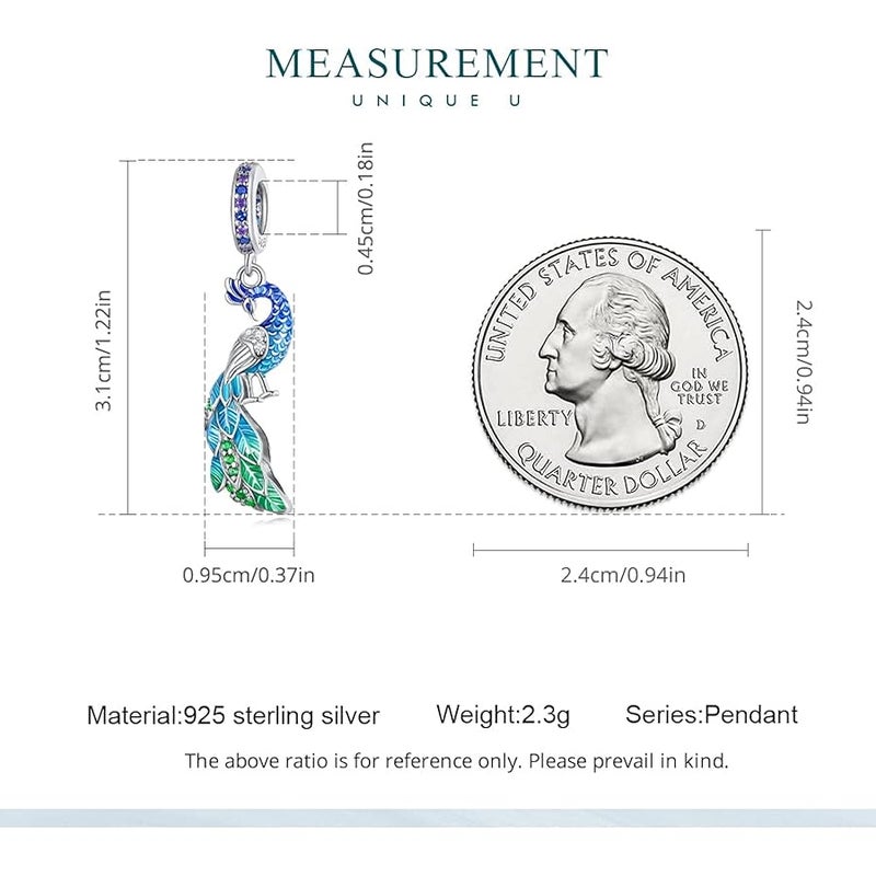 Qings Lucky Peacock Charm Bead 925 Sterling Silver Sparkling Cute Animal Element Dangle Pendant for Bracelet Necklace Making - Image 3