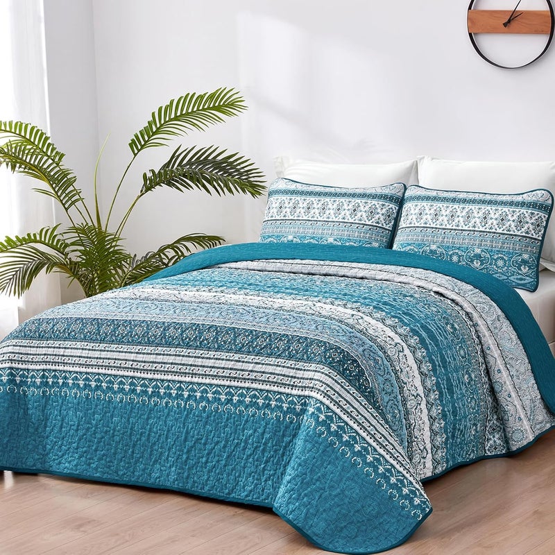 WONGS BEDDING مجموعة أغطية الأسرّة بأسلوب البوهو من WONGS، حجم كوين، لون أزرق فاتح وأزرق، مجموعة أغطية أسرّة بأسلوب البوهو، غطاء سرير خفيف من القطن الميكروفيبر قابل للتحويل، مناسب لجميع المواسم، مقاس 96" × 90" (3 قطعة) - Image 2