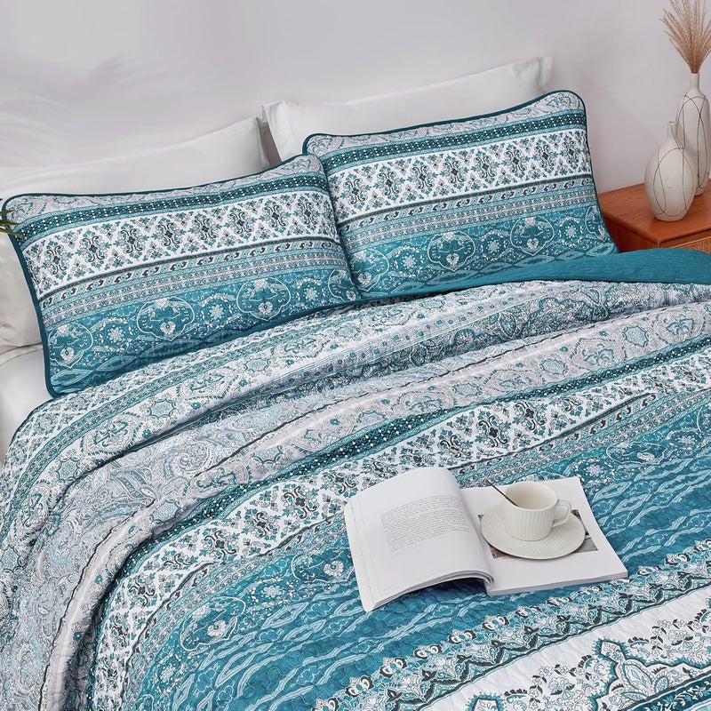 WONGS BEDDING مجموعة أغطية الأسرّة بأسلوب البوهو من WONGS، حجم كوين، لون أزرق فاتح وأزرق، مجموعة أغطية أسرّة بأسلوب البوهو، غطاء سرير خفيف من القطن الميكروفيبر قابل للتحويل، مناسب لجميع المواسم، مقاس 96" × 90" (3 قطعة) - Image 4