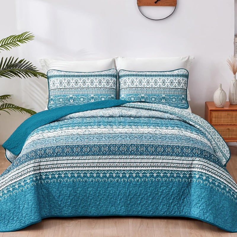 WONGS BEDDING مجموعة أغطية الأسرّة بأسلوب البوهو من WONGS، حجم كوين، لون أزرق فاتح وأزرق، مجموعة أغطية أسرّة بأسلوب البوهو، غطاء سرير خفيف من القطن الميكروفيبر قابل للتحويل، مناسب لجميع المواسم، مقاس 96" × 90" (3 قطعة) - Image 1
