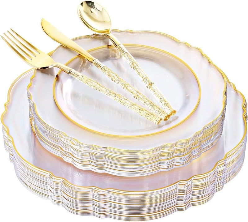 Liacere 150PCS Clear Gold Plastic Plates  Disposable Plastic Silverware with Glitter Bamboo Handle CutleryBaroque Clear Gold Disposable Plates for Wedding  Party  Easter Day  Mothers Day