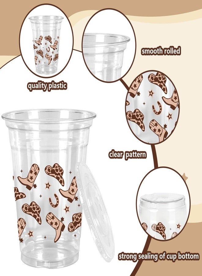 JarThenaAMCS جرثينا AMCS 50 قطعة أكواب بلاستيكية رعاة البقر مع أغطية وقش بني غربي أكواب بلاستيكية شفافة 12 أونصة أكواب قابلة للتخلص منها لوازم حفلات بوهو بريبي - Image 3