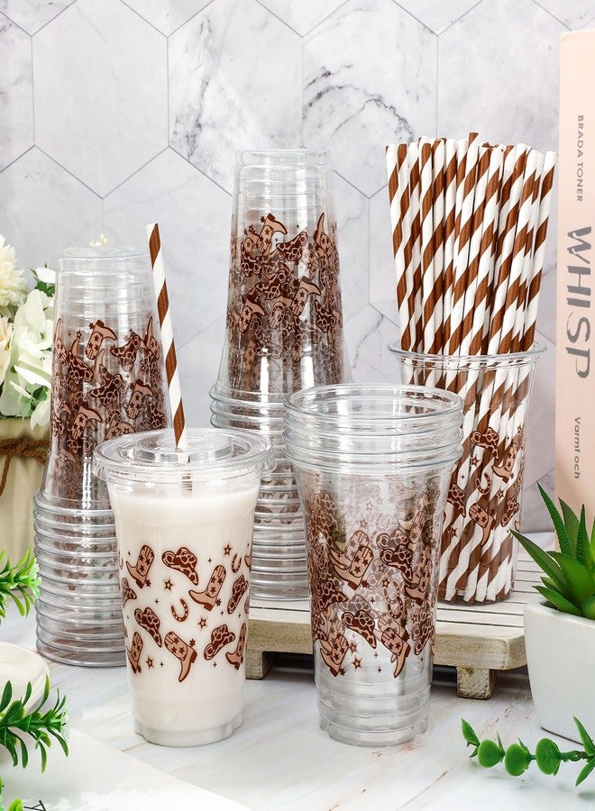 JarThenaAMCS جرثينا AMCS 50 قطعة أكواب بلاستيكية رعاة البقر مع أغطية وقش بني غربي أكواب بلاستيكية شفافة 12 أونصة أكواب قابلة للتخلص منها لوازم حفلات بوهو بريبي - Image 5