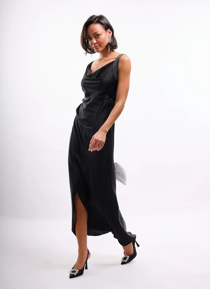 Faia Black Cowl Wrap Satin Dress in Black for Women | Best Price UAE